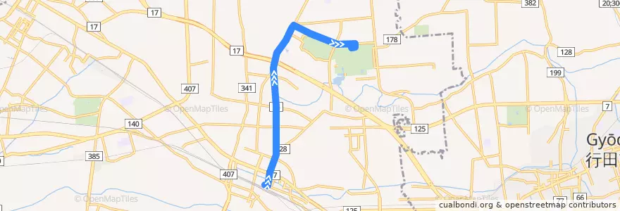 Mapa del recorrido 国際十王バスKM33系統 熊谷駅⇒くまがやドーム de la línea  en 熊谷市.