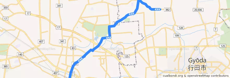 Mapa del recorrido 国際十王バスKM21系統 犬塚⇒南河原支所⇒熊谷駅 de la línea  en Präfektur Saitama.