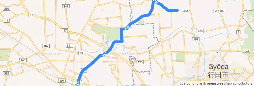 Mapa del recorrido 国際十王バスKM21系統 熊谷駅⇒南河原支所⇒犬塚 de la línea  en Saitama Prefecture.