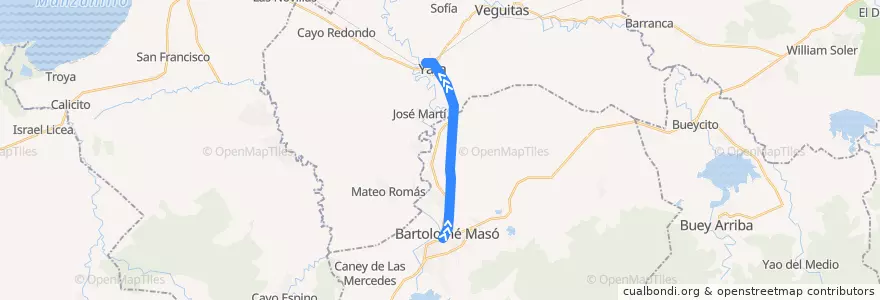 Mapa del recorrido Bartaolomé Masó - Yara de la línea  en Granma.