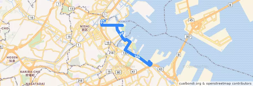 Mapa del recorrido YOKOHAMA BAYSIDE BLUE 横浜駅前 => 山下ふ頭 de la línea  en 요코하마시.