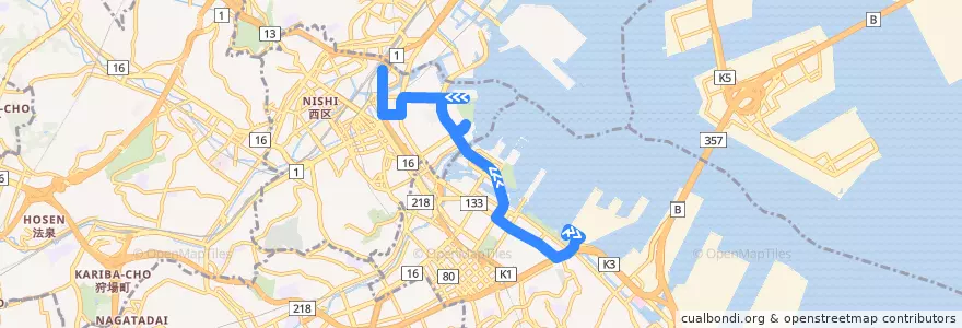 Mapa del recorrido YOKOHAMA BAYSIDE BLUE 山下ふ頭 => 横浜駅改札口前 de la línea  en 横浜市.