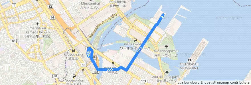 Mapa del recorrido ピアライン　朝夕ルート　桜木町駅前 => ハンマーヘッド de la línea  en 中区.