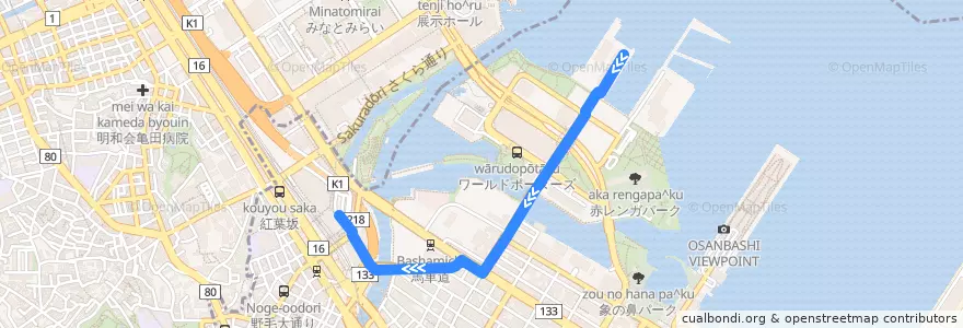 Mapa del recorrido ピアライン　朝夕ルート　ハンマーヘッド => 桜木町駅前 de la línea  en 中区.