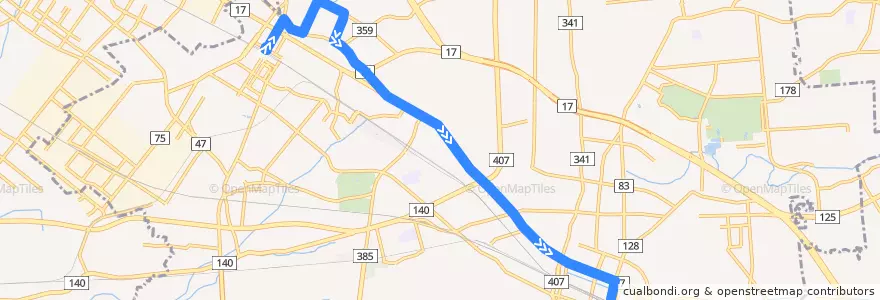 Mapa del recorrido 国際十王バスKM23系統 籠原駅⇒新島車庫⇒熊谷駅 de la línea  en 熊谷市.