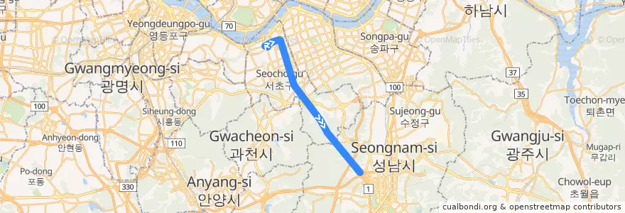 Mapa del recorrido 서울 → 광주 고속버스 de la línea  en Corea del Sud.
