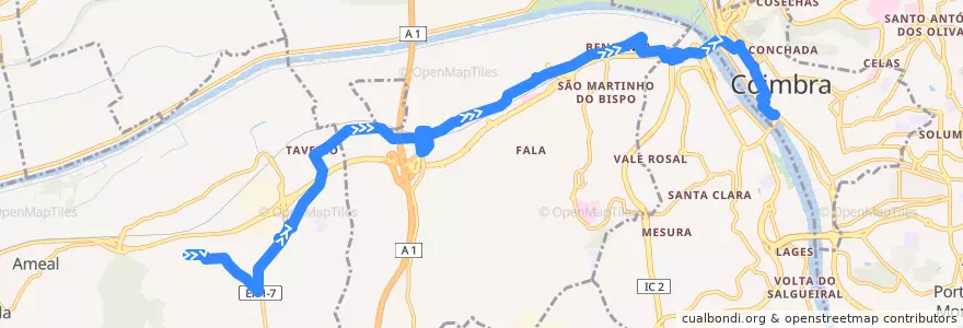 Mapa del recorrido 32A: Vila Pouca do Campo => Beira Rio de la línea  en Coïmbre.