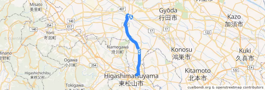 Mapa del recorrido 国際十王バスKM11系統 熊谷駅⇒上岡⇒東松山駅 de la línea  en Präfektur Saitama.