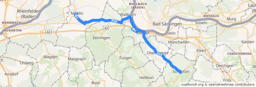 Mapa del recorrido Bus 90: Möhlin, Post => Schupfart, Dorf de la línea  en Bezirk Rheinfelden.
