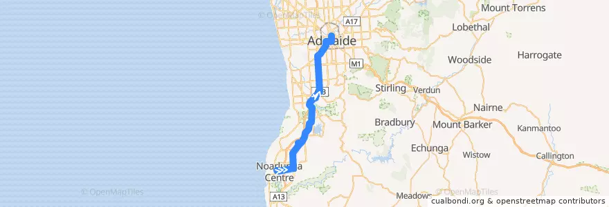 Mapa del recorrido Bus 721 - Noarlunga Centre Interchange to City via Old Reynella de la línea  en Adelaide.