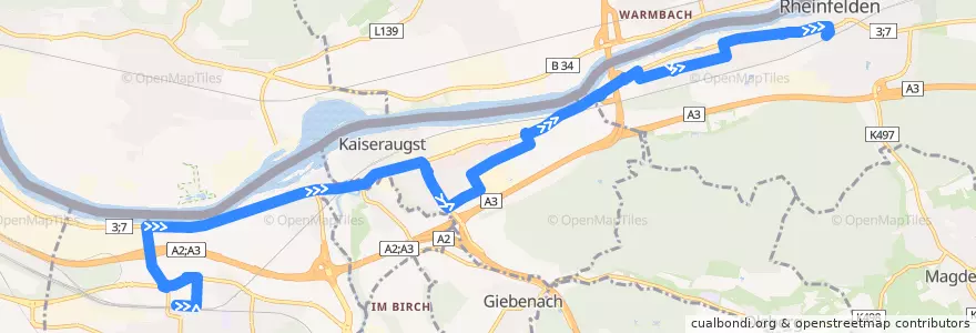 Mapa del recorrido Bus 84: Pratteln, Bahnhof Nord => Rheinfelden, Bahnhof de la línea  en Suíça.
