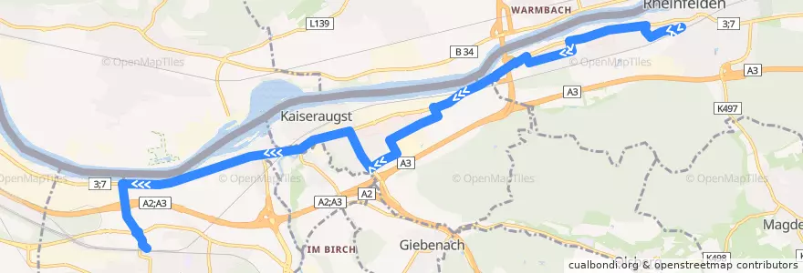 Mapa del recorrido Bus 84: Rheinfelden, Bahnhof => Pratteln, Bahnhof Nord de la línea  en Schweiz/Suisse/Svizzera/Svizra.