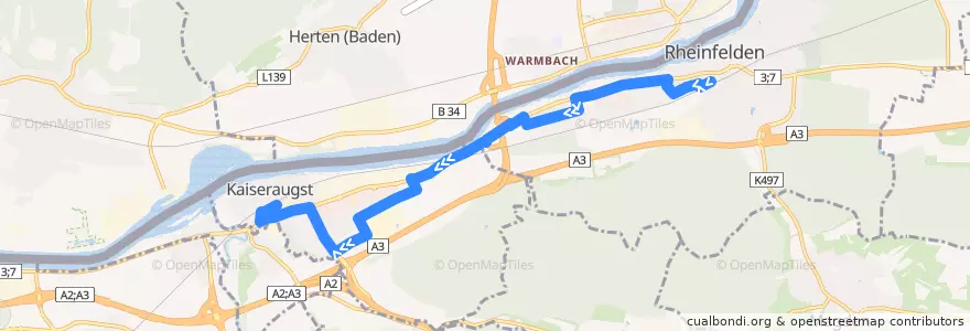 Mapa del recorrido Bus 84: Rheinfelden, Bahnhof => Kaiseraugst, Bahnhof de la línea  en Bezirk Rheinfelden.