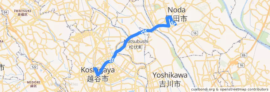 Mapa del recorrido 茨急バス 野田市駅⇒下町・大沢四丁目⇒北越谷駅 de la línea  en Japon.