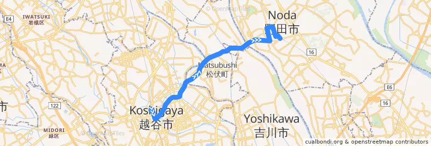 Mapa del recorrido 茨急バス 北越谷駅⇒大沢四丁目・下町⇒野田市駅 de la línea  en Japonya.