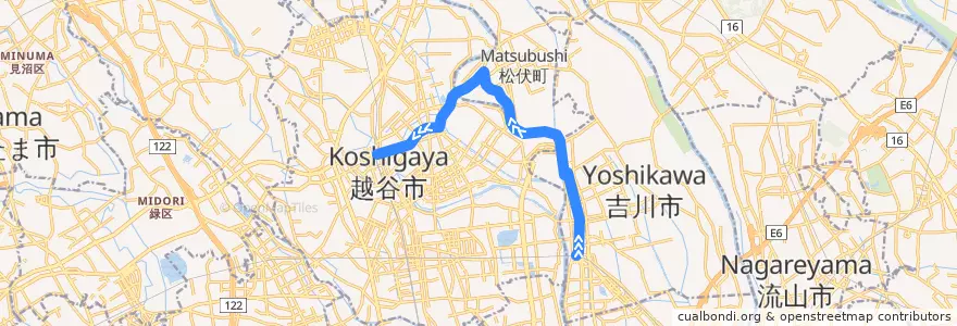 Mapa del recorrido 茨急バス 吉川駅北口⇒赤岩入口⇒北越谷駅 de la línea  en Saitama Prefecture.