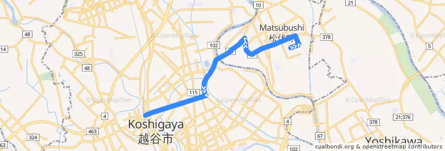 Mapa del recorrido 茨急バス エローラ⇒赤岩入口・花田三丁目⇒北越谷駅 de la línea  en 사이타마현.