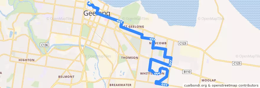 Mapa del recorrido Bus 30: Whittington => Newcomb => Geelong Station de la línea  en City of Greater Geelong.