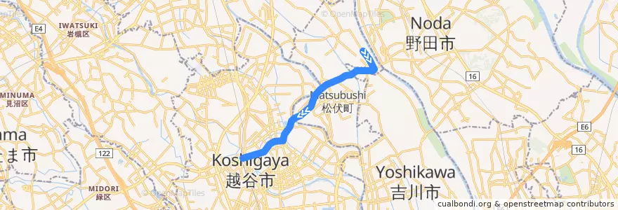 Mapa del recorrido 茨急バス 大正大学入口⇒赤岩入口⇒北越谷駅 de la línea  en Saitama Prefecture.