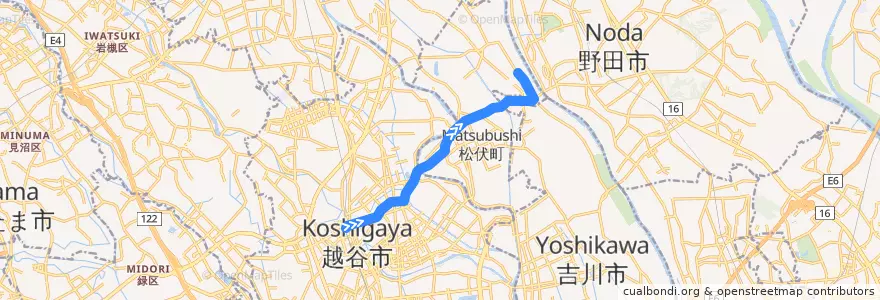 Mapa del recorrido 茨急バス 北越谷駅⇒赤岩入口⇒大正大学入口 de la línea  en Préfecture de Saitama.