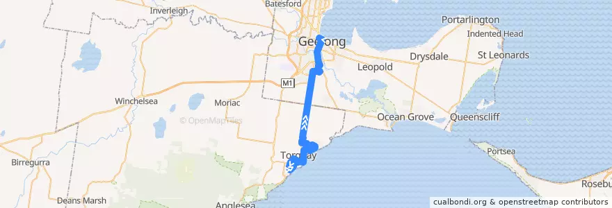 Mapa del recorrido Bus 50: Jan Juc => Fischer Street & Marshall Station => Geelong Station de la línea  en ولاية فيكتوريا.