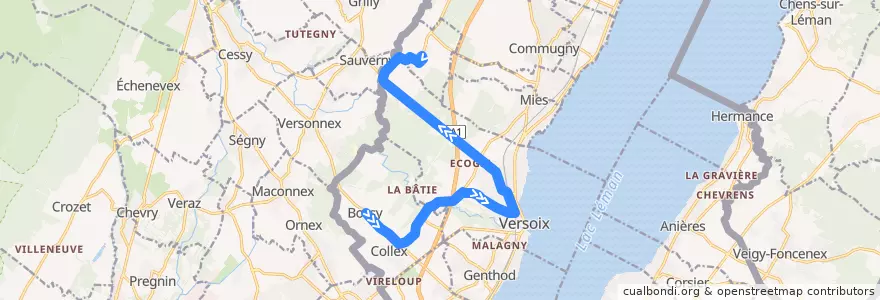 Mapa del recorrido Bus 55: Bossy → Chavannes-des-Bois de la línea  en Cenevre.