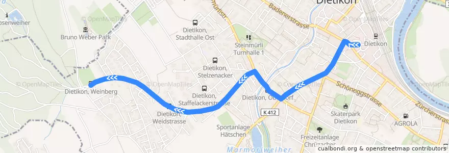 Mapa del recorrido Bus 325: Dietikon, Bahnhofstrasse → Weinberg de la línea  en Dietikon.