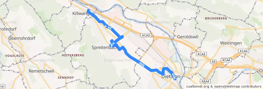 Mapa del recorrido Bus 303: Dietikon, Bahnhof → Killwangen, Bahnhof de la línea  en Schweiz/Suisse/Svizzera/Svizra.