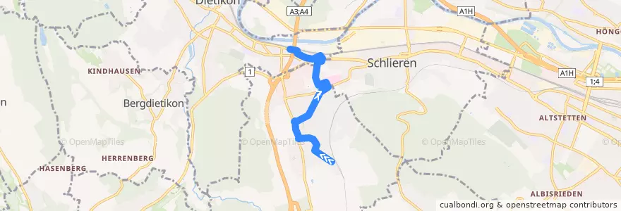 Mapa del recorrido Bus 311: Urdorf Weihermatt, Bahnhof → Glanzenberg, Bahnhof de la línea  en Bezirk Dietikon.