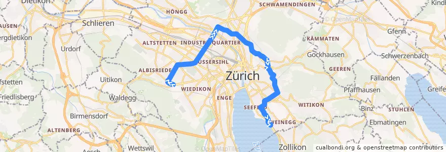 Mapa del recorrido Bus 33: Zürich, Triemli → Bahnhof Tiefenbrunnen de la línea  en Zürich.