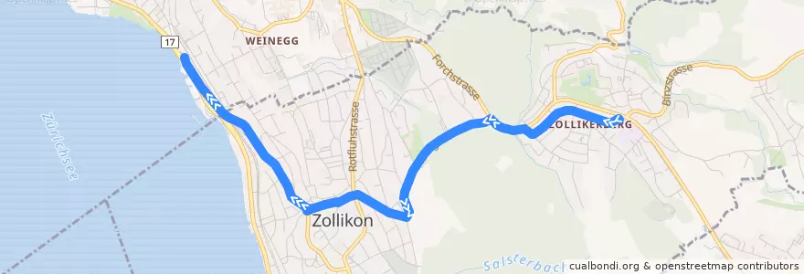 Mapa del recorrido Bus 910: Zollikerberg, Station → Zürich, Bahnhof Tiefenbrunnen de la línea  en Zurigo.