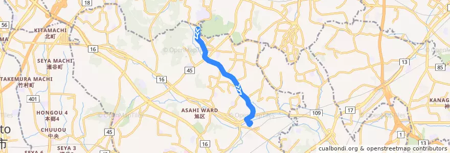 Mapa del recorrido 旭11: 西ひかりが丘 → 鶴ヶ峰駅 de la línea  en 旭区.