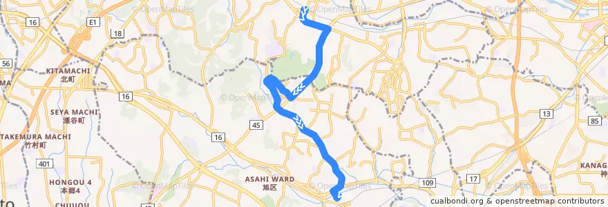 Mapa del recorrido 旭11: 中山駅 → 鶴ヶ峰駅 de la línea  en Йокогама.