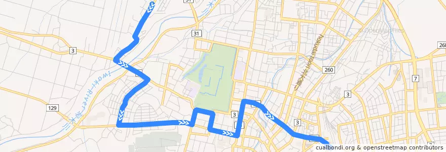 Mapa del recorrido 南城西線 de la línea  en 弘前市.