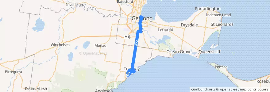 Mapa del recorrido Bus 51: Jan Juc => Marshall Station => Geelong Station de la línea  en Victoria.