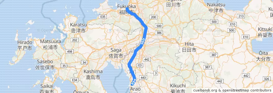 Mapa del recorrido 西日本鉄道天神大牟田線 de la línea  en 福岡県.