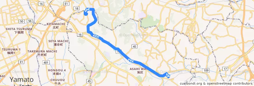 Mapa del recorrido 115系統(鶴ヶ峰駅→若葉台中央) de la línea  en Асахи.