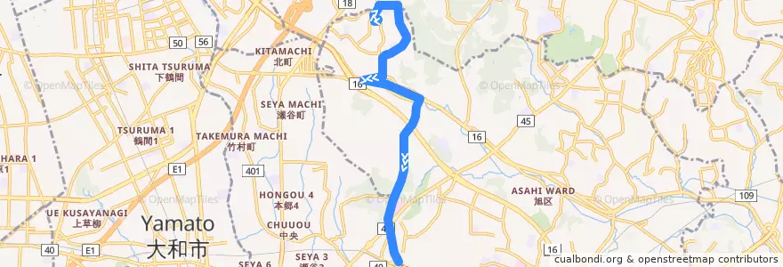 Mapa del recorrido 116系統(若葉台中央→近隣公園→三ツ境駅北口) de la línea  en 横浜市.