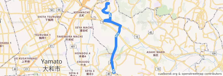Mapa del recorrido 116系統(三ツ境駅北口→地区公園→若葉台中央) de la línea  en 旭区.