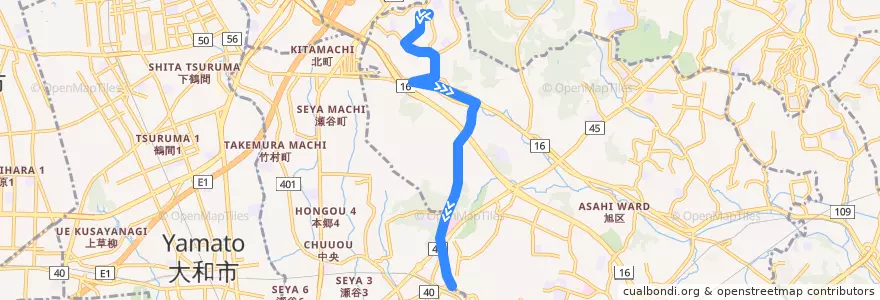 Mapa del recorrido 116系統(若葉台中央→地区公園→三ツ境駅北口) de la línea  en 旭区.
