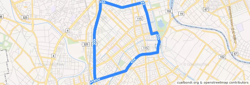 Mapa del recorrido 朝日バスKK21系統 弥栄団地循環（大里先回り） de la línea  en 越谷市.