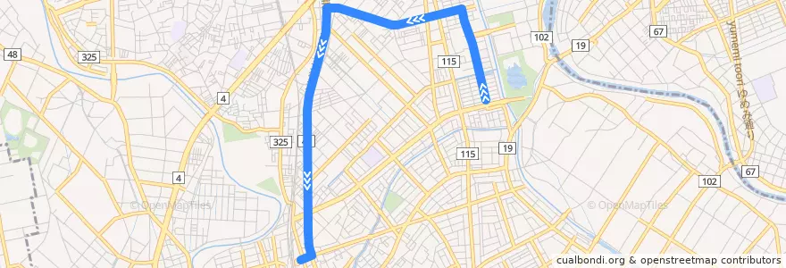 Mapa del recorrido 朝日バスKK22系統 弥栄一丁目⇒大里⇒北越谷駅 de la línea  en 越谷市.