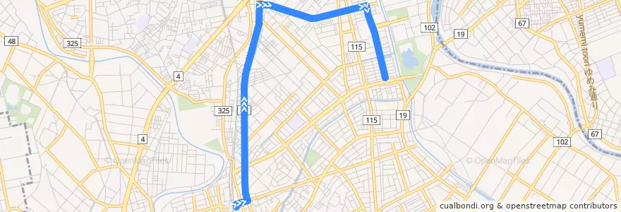 Mapa del recorrido 朝日バスKK22系統 北越谷駅⇒大里⇒弥栄一丁目 de la línea  en 越谷市.