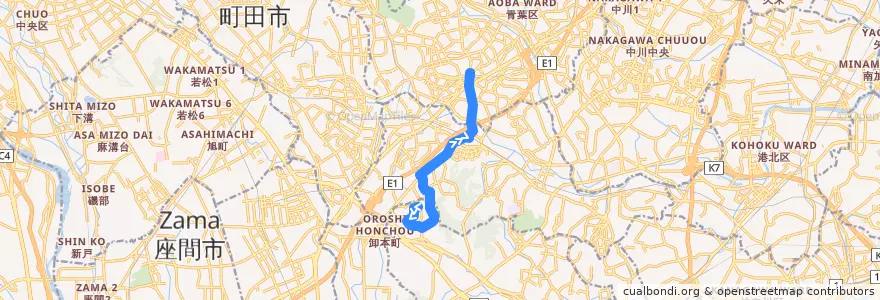 Mapa del recorrido 65系統(若葉台中央→地区公園→青葉台駅) de la línea  en 横浜市.