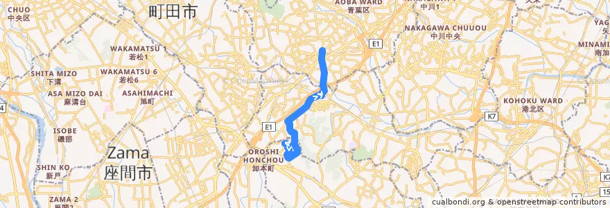 Mapa del recorrido 65系統(若葉台中央→保育園前→青葉台駅) de la línea  en 요코하마시.