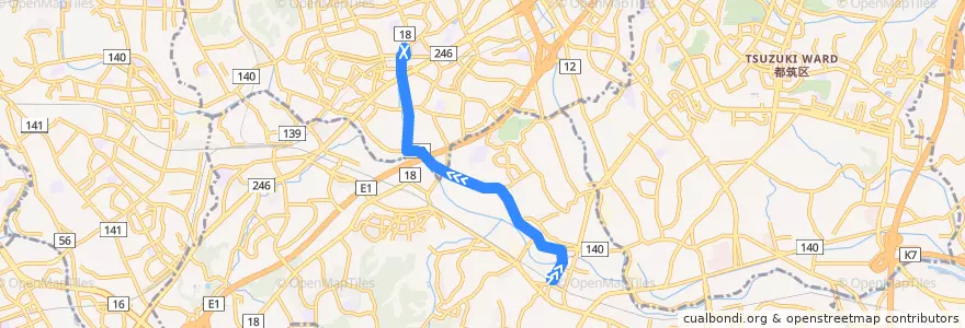 Mapa del recorrido 90系統(中山駅北口→青葉台駅) de la línea  en 緑区.