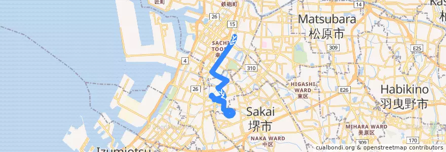 Mapa del recorrido 118: 堺東駅前-堀上緑町一丁 de la línea  en 사카이시.