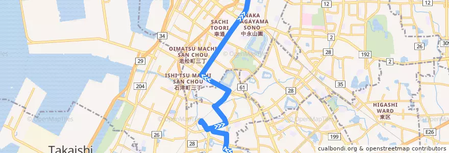 Mapa del recorrido 118: 堀上緑町一丁-堺東駅前 de la línea  en Сакаи.