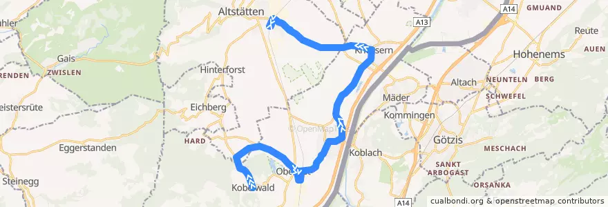 Mapa del recorrido Bus 332: Oberriet SG, Kobelwald => Altstätten SG, Bahnhof de la línea  en Wahlkreis Rheintal.