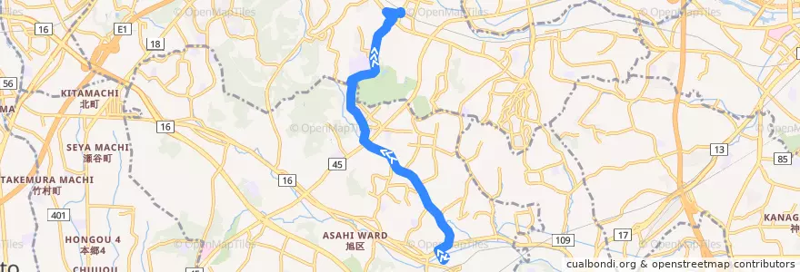 Mapa del recorrido 旭15: 鶴ヶ峰駅 → 西ひかりが丘 → 中山駅 de la línea  en Йокогама.